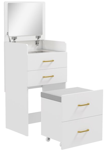 HOMCOM 3 in 1 Dressing Table with Flip-top Mirror and Rolling Stool, Modern Vanity Desk with Visible Glass Tabletop, Drawers and Side Hook, Makeup Table with Cushioned Storage Stool for Bedroom, White