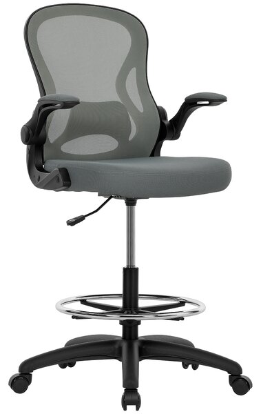 Vinsetto Draughtsman Chair with Flip-up Armrests, Mesh Standing Desk Chair with Lumbar Support and Adjustable Foot Ring for Bar Counter, Charcoal Grey