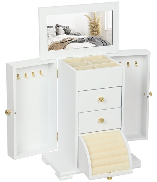 HOMCOM 4-Tier Jewellery Box with Mirror and 2 Drawers - White
