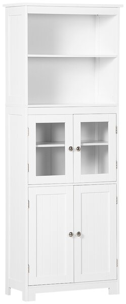 HOMCOM Freestanding Larder Cupboard, 4-Door Kitchen Storage Cabinet, Adjustable Shelf, Glass Doors for Dining Room, Living Room, White Aosom UK