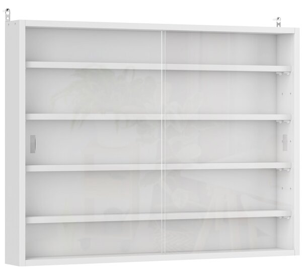 HOMCOM 5-Tier Wall Display Shelf Unit Cabinet w/ 4 Adjustable Shelves Glass Doors Home Office Ornaments 60x80cm White Aosom UK