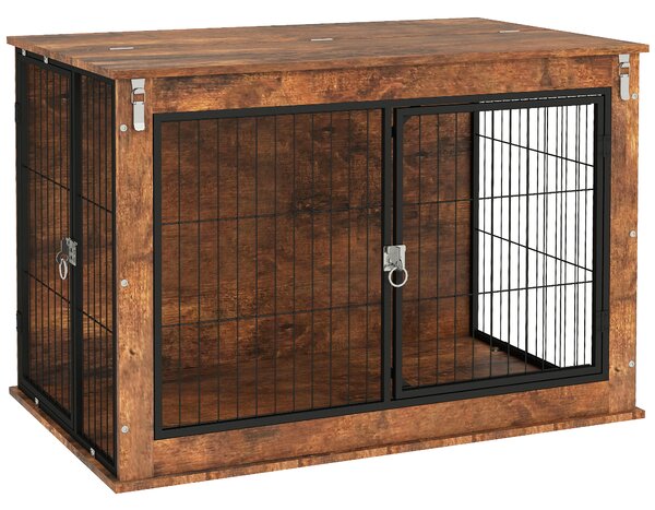 PawHut Dog Crate Furniture with Flip-up Top, 2 Doors, for Large Dogs, 98 x 60 x 65.5cm, Rustic Brown