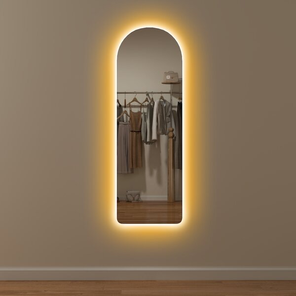 HOMCOM Arched Full Length Mirror with LED Lights, 120 x 40cm Backlit Frameless Wall Mirror with Dimming and 3 Colour Lighting for Living Room, Bedroom, Clear Aosom UK