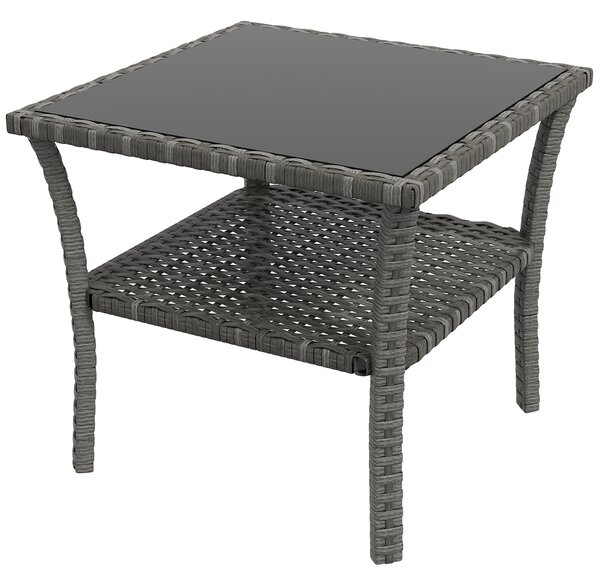 Outsunny 50cm Outdoor PE Rattan Coffee Table, Patio Wicker Two-tier Side Table with Glass Top, for Patio, Garden, Balcony, Grey