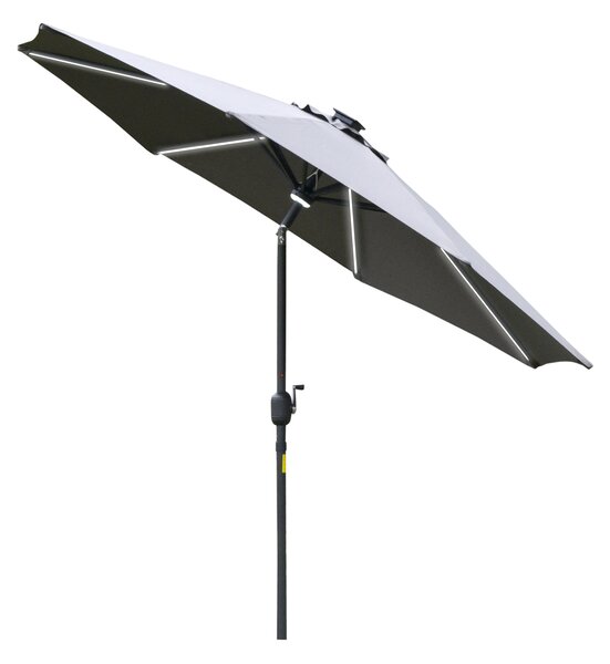 Outsunny 2.7m Garden Parasol Sun Umbrella Patio Summer Shelter w/ LED Solar Light, Angled Canopy Vent, Crank Tilt, Grey Aosom UK