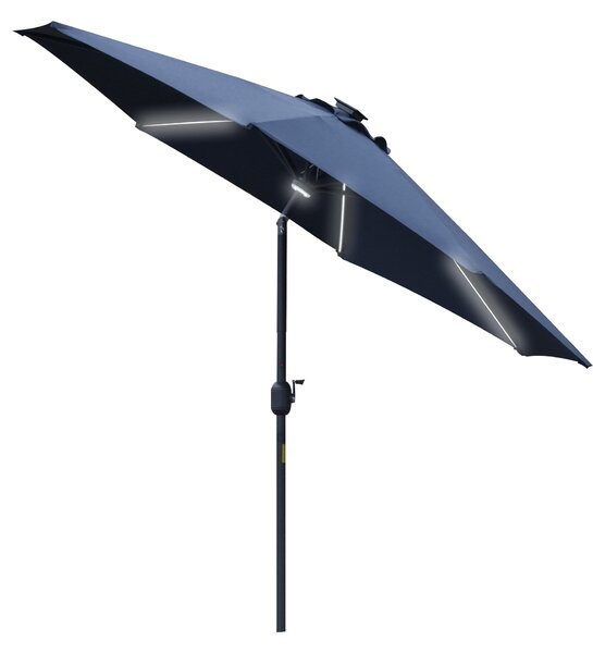 Outsunny 2.7m Garden Parasol Sun Umbrella Patio Summer Shelter w/ LED Solar Light, Angled Canopy, Vent, Crank Tilt, Blue