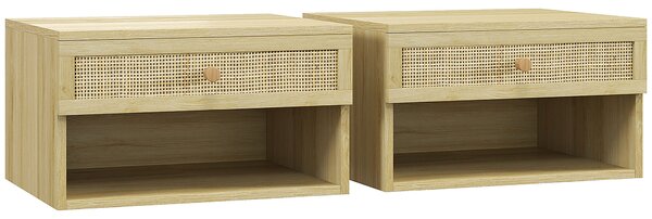 HOMCOM Set of Two Rattan Panel Floating Bedside Tables - Wood-Effect Aosom UK