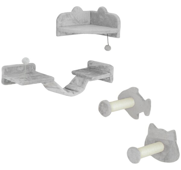 PawHut 4PCs Cat Wall Shelves with Steps, Ladder, Jumping Platforms, Light Grey Aosom UK
