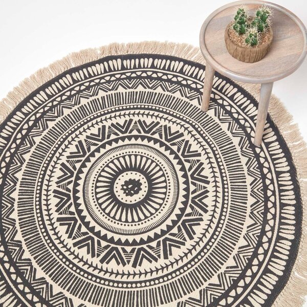 Homescapes Black and White Mandala Rug Geometric 100% Cotton Round Rug