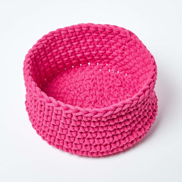 Homescapes Hot Pink Cotton Knitted Round Storage Basket, 37 x 21 cm