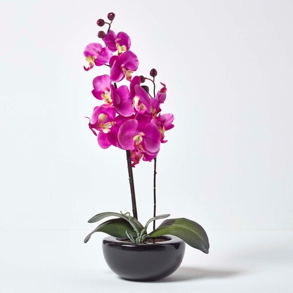 Homescapes Artificial Oriental Style Cerise Orchids in Black Bowl