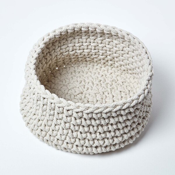 Homescapes Cotton Knitted Round Storage Basket Cream, 37 x 21 cm