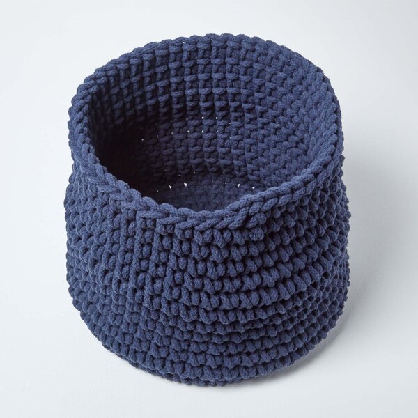 Homescapes Navy Blue Cotton Knitted Round Storage Basket, 42 x 37 cm