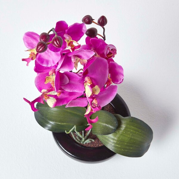 Homescapes Artificial Oriental Style Cerise Orchids in Black Bowl