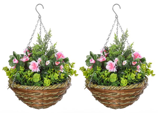 Outsunny Set of 2 Artificial Plant Lisianthus Flowers Hanging Planter with Basket for Indoor Outdoor Decoration Aosom UK