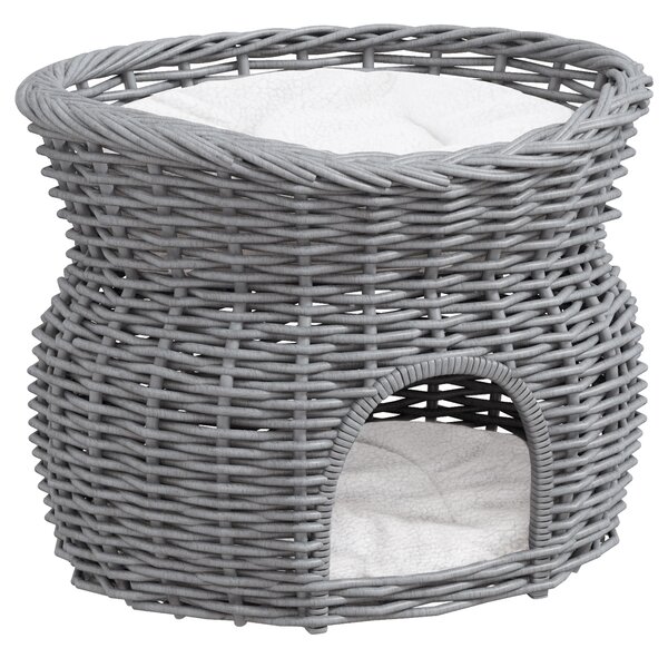 PawHut Wicker Cat House, 2-Tier Elevated Pet Bed Basket, Willow Kitten Tower with Washable Cushions, 56x37x40cm, Grey Aosom UK