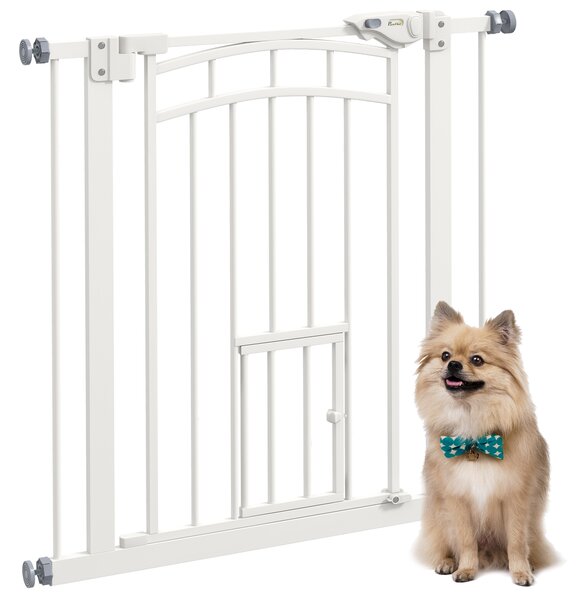 PawHut Safety Pet Gate, Pressure Fit Stair Gate with Cat Door, Auto Close, Double Lock, 74-80cm, White Aosom UK