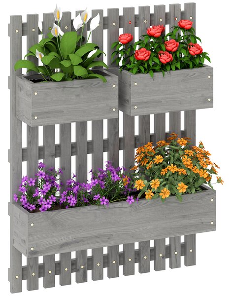 Outsunny Wall-mounted Wooden Garden Planters with Trellis, Drainage Holes and 3 Planter Boxes for Patio, Grey