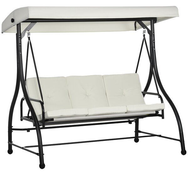 Outsunny 3 Seater Canopy Swing Chair, 2 in 1 Garden Swing Seat Bed, with Adjustable Canopy and Metal Frame, Cream White