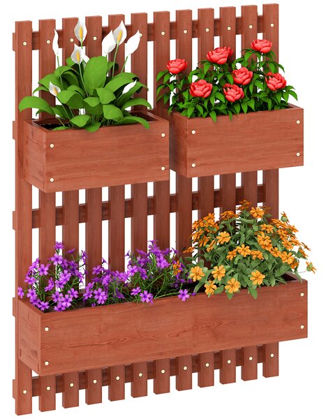 Outsunny Wall-mounted Wooden Garden Planters with Trellis, Drainage Holes and 3 Planter Boxes for Patio, Brown