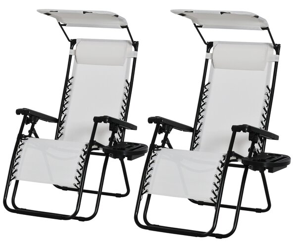 Outsunny 2 Piece Foldable Reclining Garden Chair with Headrest, Zero Gravity Deck Sun Lounger Seat Chair with Footrest, Armrest, White