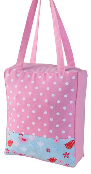 Cotton Polka Pink & Birds Design Shopping Bag, 27 x 32 x 11 cm