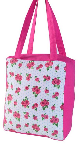 Cotton Pink Roses and Dots Design Shopping Bag, 27 x 32 x 11 cm