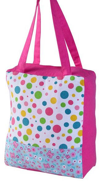 Cotton Multi Dots & Butterflies Design Shopping Bag, 27 x 32 x 11 cm