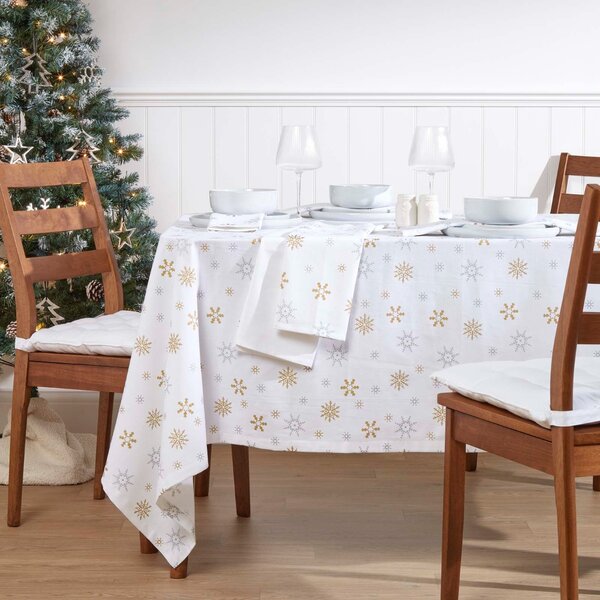 Homescapes Cotton Christmas Gold Snowflake Tablecloth, 54 x 54 Inches