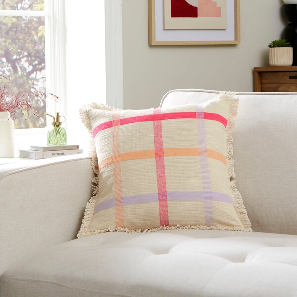 Woven Check Cotton Square Cushion Pink
