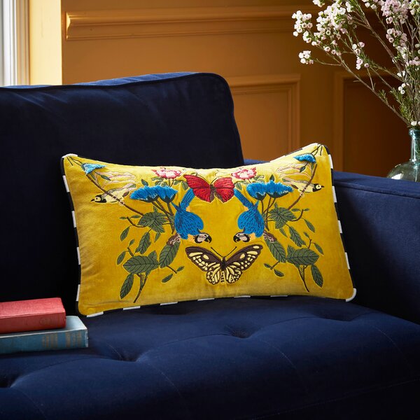 Majestic Tropics Embroidered Cushion Yellow