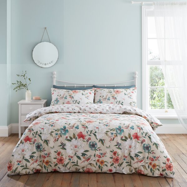 Catherine Lansfield Pippa Floral Birds Natural Duvet Cover and Pillowcase Set Natural