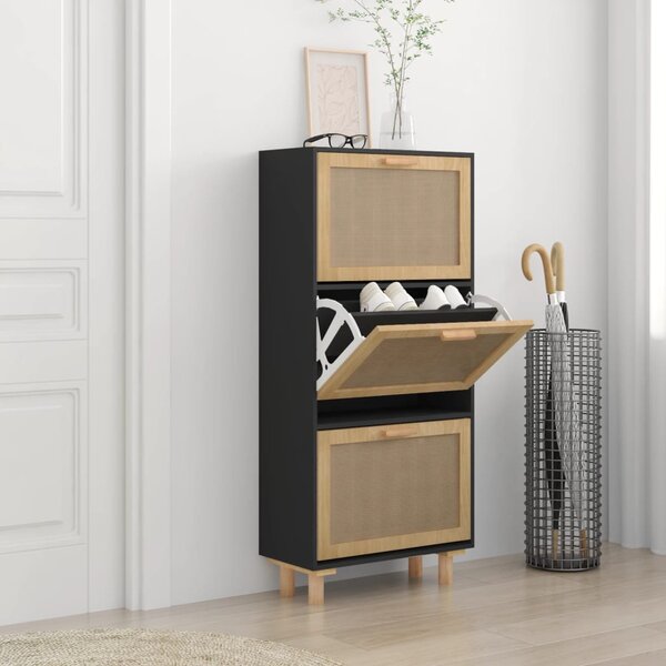 Shoe Cabinet Black 52x25x115 cm Engineered Wood&Natural Rattan