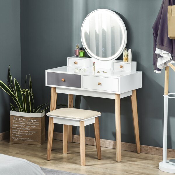 HOMCOM Dressing Table Set with Mirror, Built-in 3 Color LED Light, Vanity Makeup Table with 4 Drawers and Cushioned Stool for Bedroom, Grey