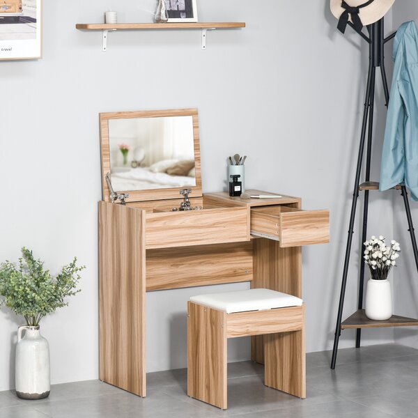 HOMCOM Dressing Table Set with Cushioned Stool, Flip-up Mirror, and Drawer in Wood Grain Finish