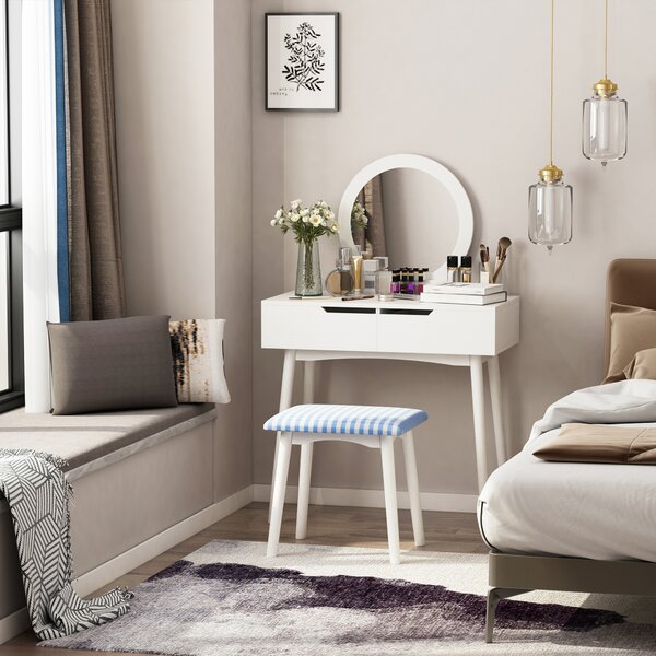 HOMCOM Dressing Table & Stool Set w/ Drawers Mirror Modern Elegant Vanity Makeup Padded Seat Home Bedroom Beauty Furniture White