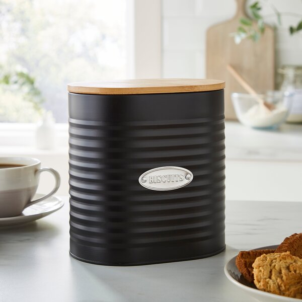 Metal Biscuit Canister with Badge Black Black