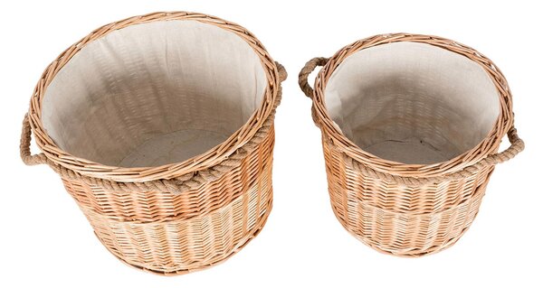 Set of 2 Natural Willow Wicker Round Storage Log Baskets with White Lining and Handles