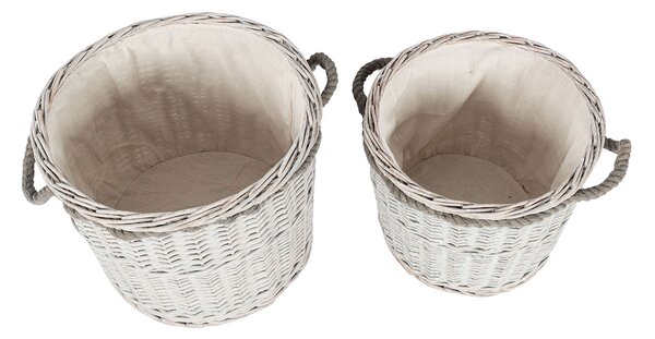 Set of 2 Grey Willow Wicker Round Storage Log Baskets with White Lining and Handles