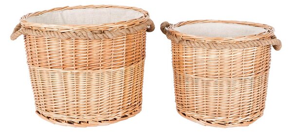 Set of 2 Natural Willow Wicker Round Storage Log Baskets with White Lining and Handles