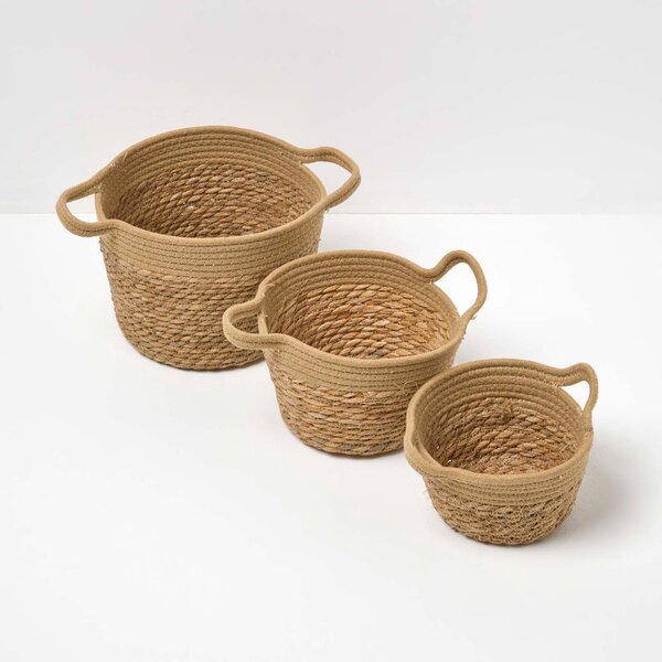 Homescapes Set of 3 Woven Storage Baskets, Natural Grass and Rope