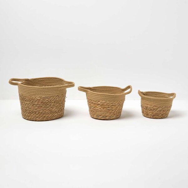 Homescapes Set of 3 Woven Storage Baskets, Natural Grass and Rope