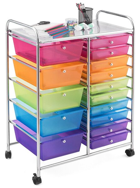 Costway 15 Drawer Rolling Storage Cart with 4 Wheels for Beauty Salon-Rainbow