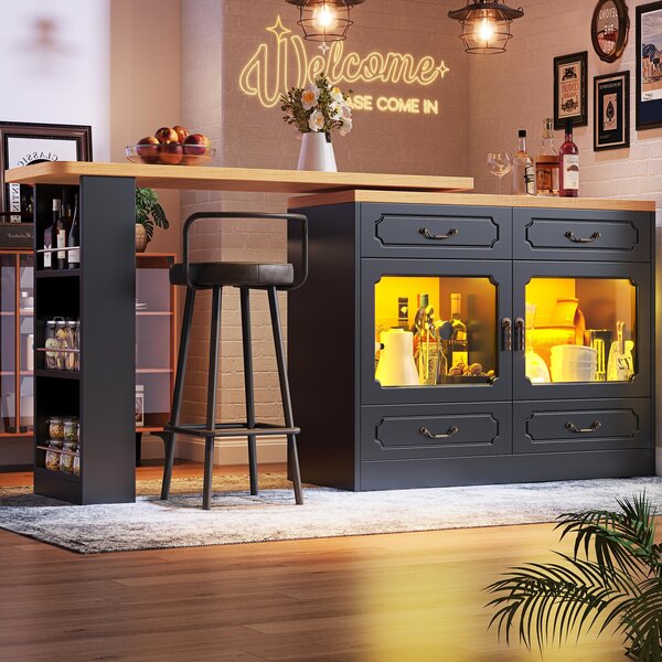 360° Rotating Bar Table with Rotatable Side and Spice Rack, Extendable Kitchen Island with 4 Drawers, 135-203L x 39W x 93H cm, Black Aosom UK