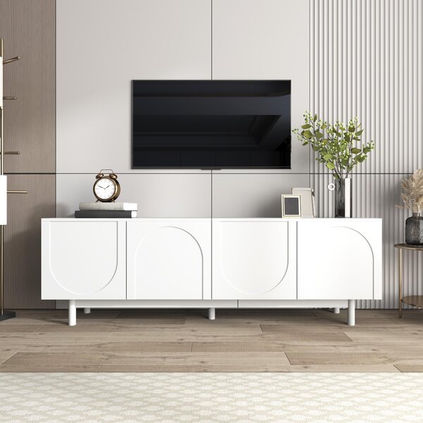 Modern Lowboard TV Cabinet with Push-to-Open Doors and Adjustable Shelves, Durable TV Stand for Living Room, 175L x 38W x 56H cm, White Aosom UK