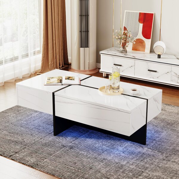 High-Gloss Coffee Table with App-Controlled Colour-Changing LED Lighting, Tea Table with 3 Drawers, 100L x 50W x 34.5H cm, Black+White Aosom UK