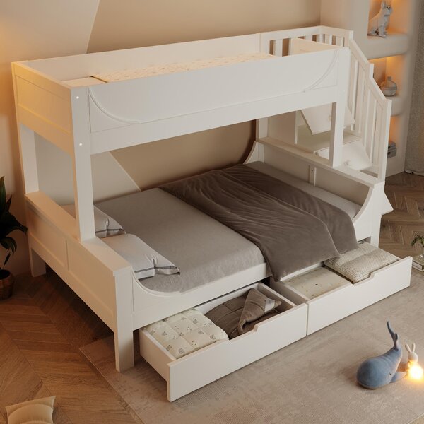 Children's Bunk Bed with Under-bed Pull-out Drawer, Ladder Cabinet Storage, Staircase Sleeper for Living Room, 246L x 141W x 150H cm, White Aosom UK