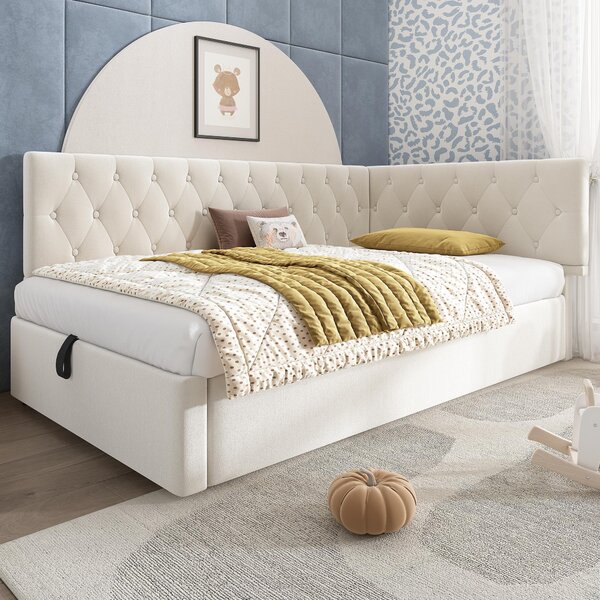 Daybed Upholstered Single Sofa Bed with Hydraulic Ottoman Storage, Bed Frame with Reversible Headboard, 196L x 100W x 77H cm, Beige Aosom UK