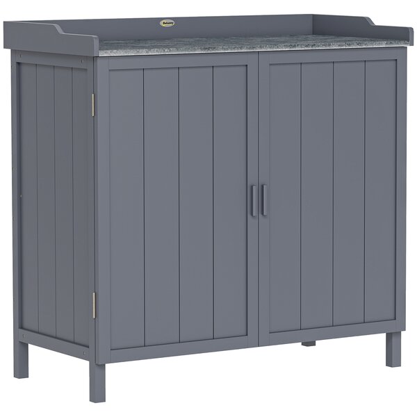 Outsunny Wooden Garden Storage Shed Tool Cabinet Organiser w/ Potting Bench Table, Two Shelves, 98 x 48 x 95.5 cm, Grey Aosom UK