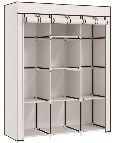 HOMCOM Fabric Wardrobe, Portable Wardrobe, Clothes Storage Unit with 8 Shelves, 2 Hanging Rods, 125 x 43 x 162.5 cm, Cream White